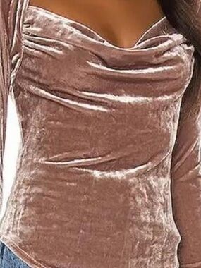 Free People Taupe Velvet Cowl Neck Ruched Long Sleeve Top Boho Y2K Indie S
